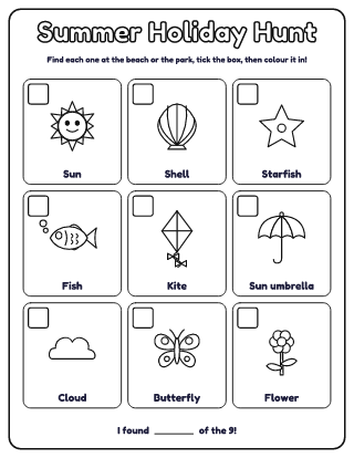 Summer Holiday Scavenger Hunt: 9 Things to Find coloring page
