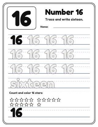 Number 16 Tracing Worksheet
