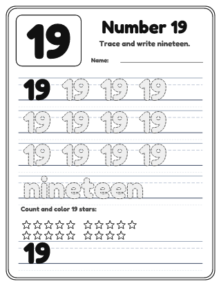 Number 19 Tracing Worksheet
