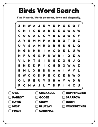 Birds Word Search (Medium)