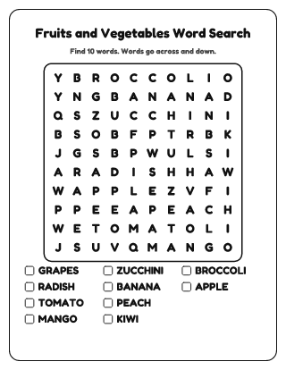 Fruits and Vegetables Word Search (Easy)