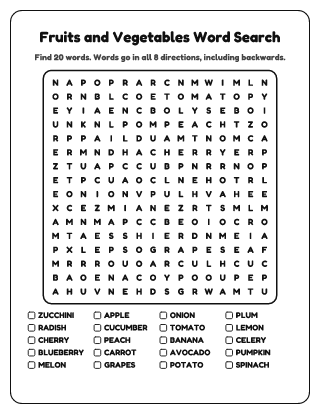 Fruits and Vegetables Word Search (Hard)