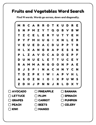 Fruits and Vegetables Word Search (Medium)