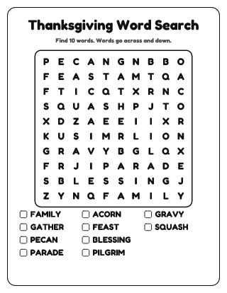Thanksgiving Word Search (Easy)