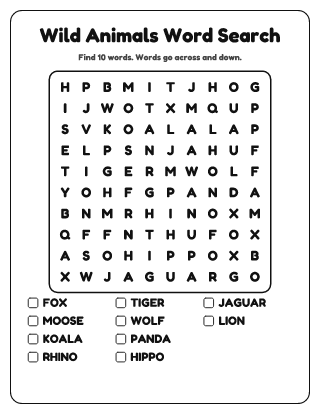Wild Animals Word Search (Easy)