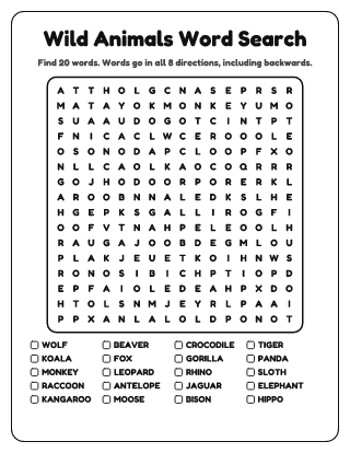 Wild Animals Word Search (Hard)