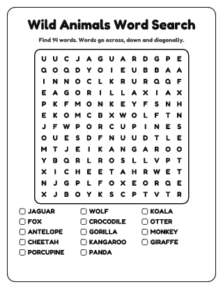 Wild Animals Word Search (Medium)